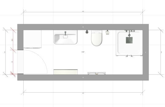 6 qm kleines Schlauchbad mit Waschmaschine am Eingang und Dusche am Ende