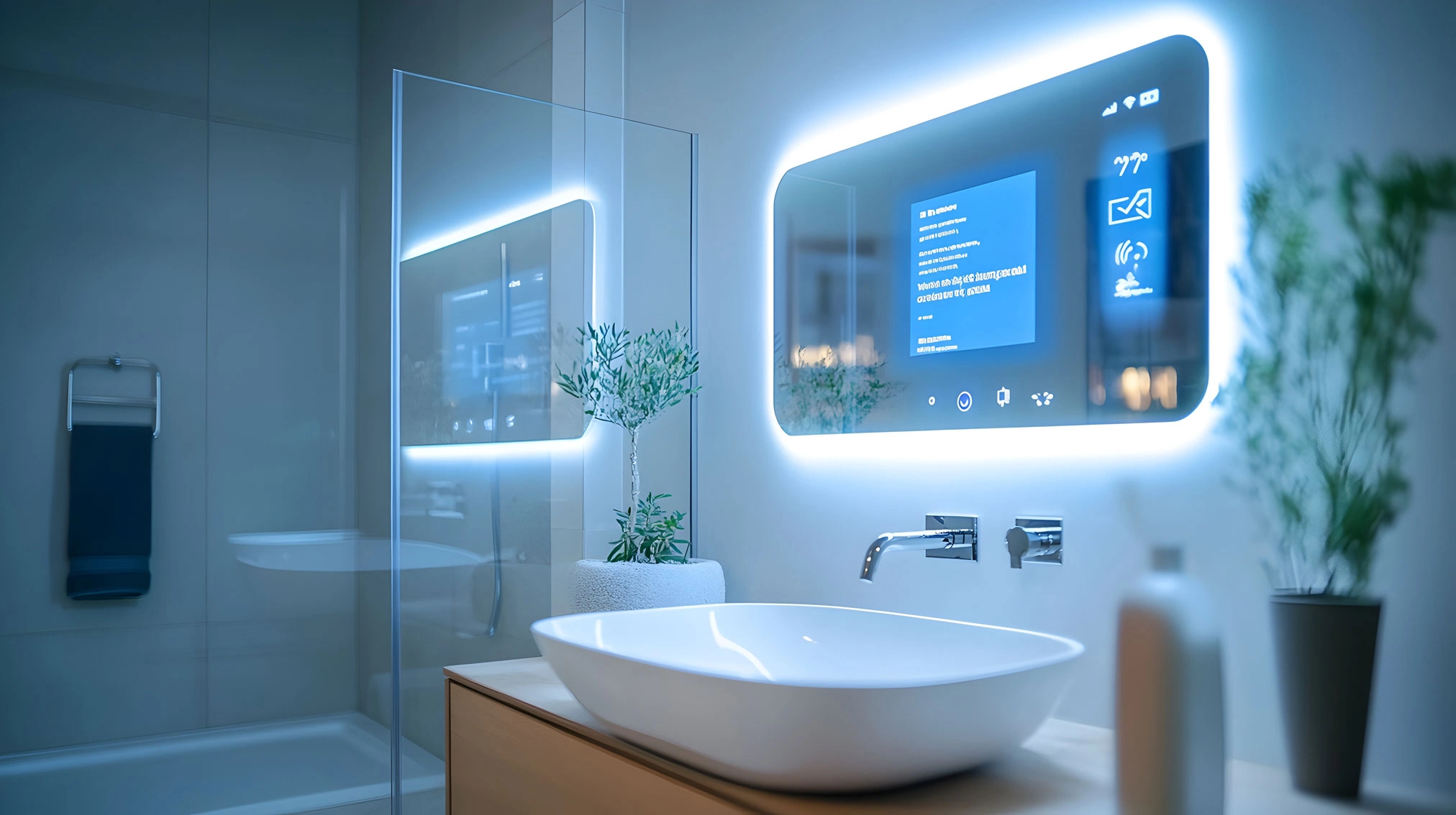 Hotel-Badezimmer: 8 Tipps für ein modernes Design und Wohlfühlambiente 20 Modern minimalist bathroom interior, modern bathroom cabinet, white sink, wooden vanity, interior plants, bathroom accessories, bathtub and shower, beige walls, granite floor, vases. 3d rendering