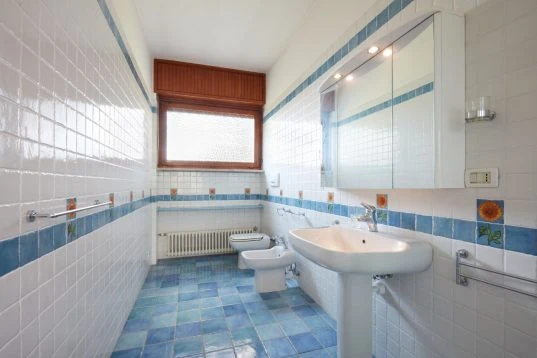 Altmodisches Schlauchbad mit blauen Fliesen