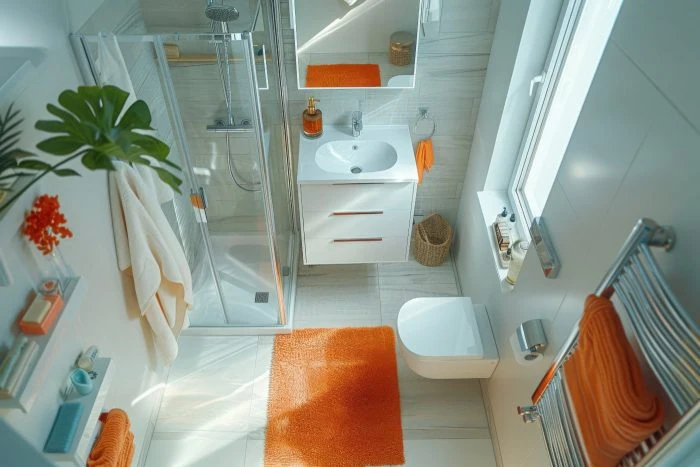 Kleines Bad renovieren: Die besten Tipps für mehr Platz 11 Helles Kleinbad mit oranger Akzentfarbe