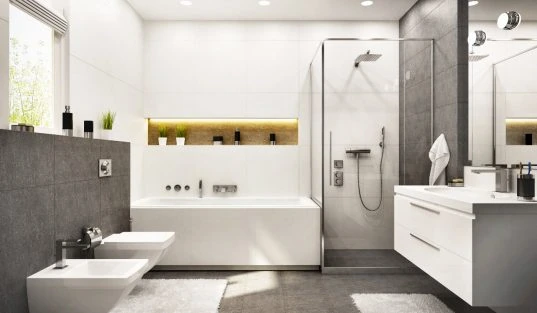 Badezimmer mit Bidet und Beleuchtung in der Waschnische