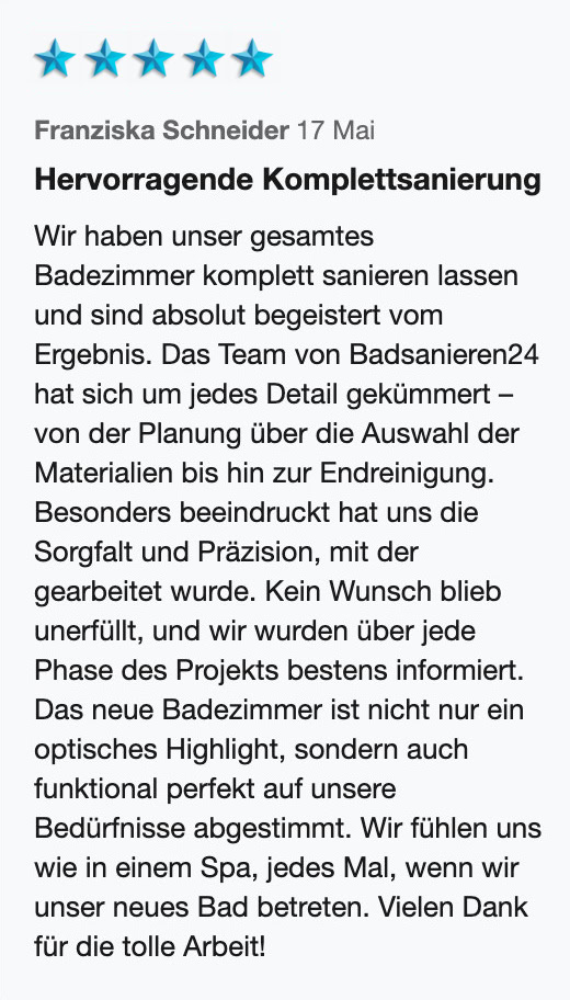 Kundenerfahrungen und Testimonials BammentalKundenerfahrungen und Testimonials 31 Badsanieren24 Bewertung 14 1