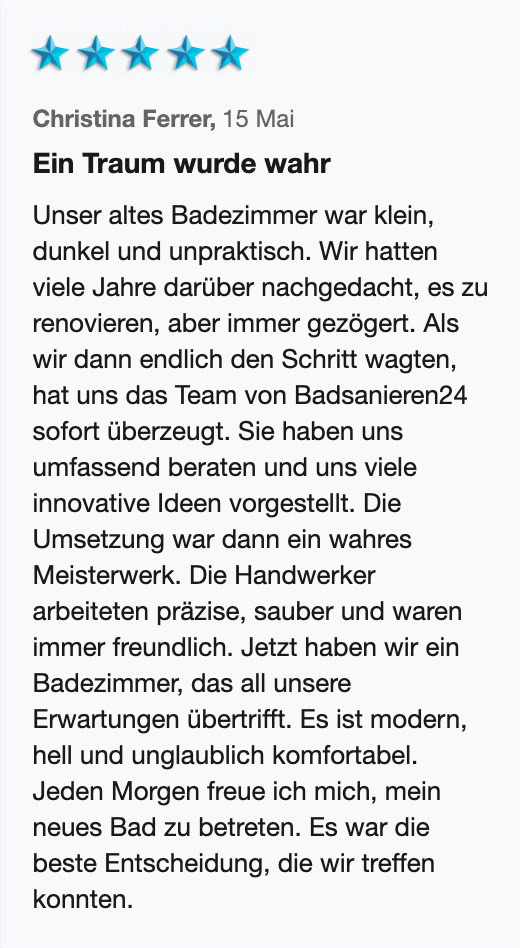 Kundenerfahrungen und Testimonials BammentalKundenerfahrungen und Testimonials 40 Badsanieren24 Bewertung 16 1
