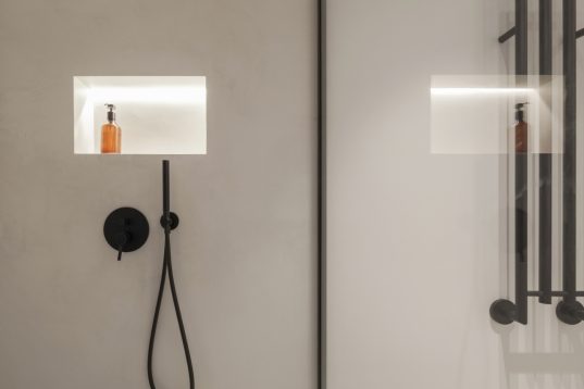 Modern Japandi bathroom interior design in white tones, white polished concrete floor, microcement walls. Japandi or Wabi sabi concept Modern Japandi bathroom interior design in white tones, white polished concrete floor, microcement walls. Japandi or Wabi sabi concept