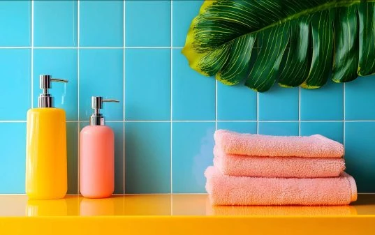 Badezimmer Deko - 5 Ideen für Ihr Bad 23 Blaue Wandfliesen und gelbe Ablage