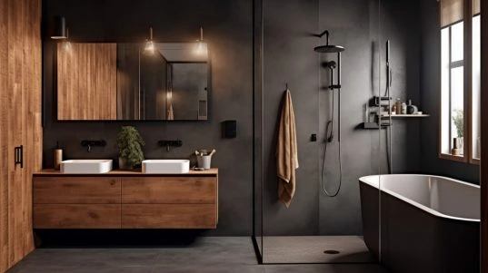 Fugenloses Badezimmer: Die besten Materialien und Designs entdecken 37 Dunkles Familienbad mit Holzoptik