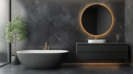 Fugenloses Badezimmer: Die besten Materialien und Designs entdecken 39 Dunkles Luxusbad