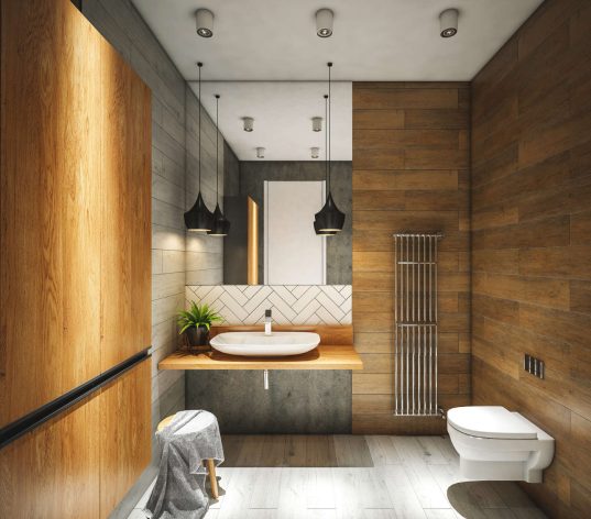 Einladendes Badezimmer mit Holz und guter Beleuchtung