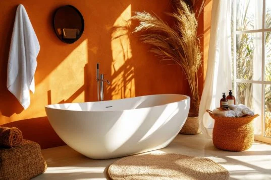 Fugenloses Badezimmer: Die besten Materialien und Designs entdecken 36 Familienbad in orange
