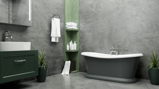 Fugenloses Badezimmer: Die besten Materialien und Designs entdecken 35 Familienbad mit freistehender Badewanne