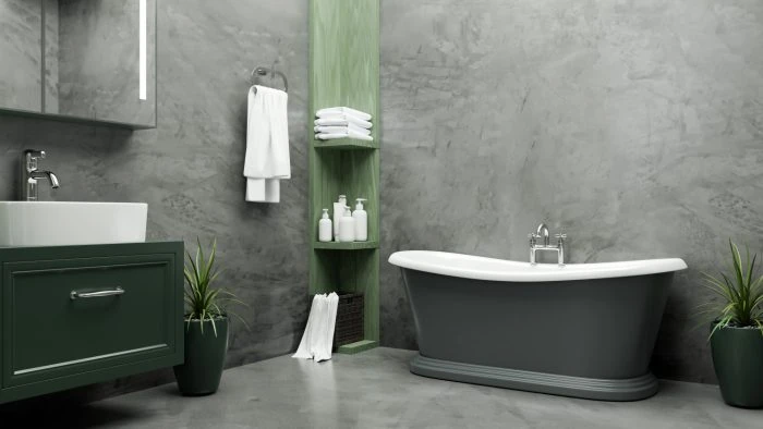 Fugenloses Badezimmer: Die besten Materialien und Designs entdecken 13 Familienbad mit freistehender Badewanne