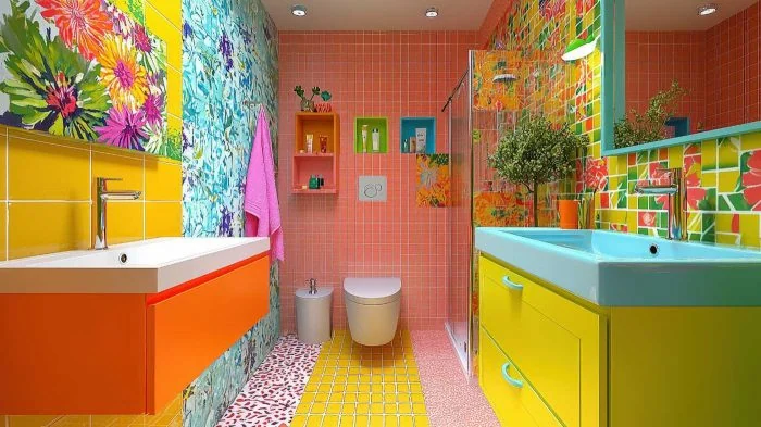 Farbenfrohes Badezimmer im Flamingo-Look