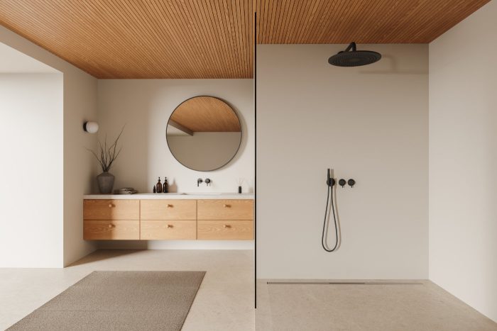 Große Walk-In-Dusche in minimalistischem Badezimmer