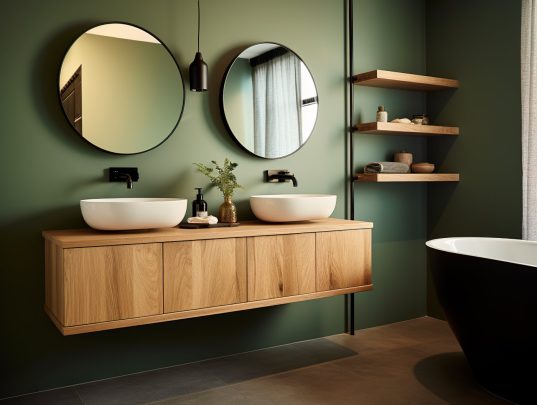 Grünes Badezimmer mit Waschtisch aus Holz