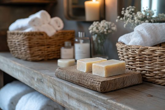 Badezimmer Deko - 5 Ideen für Ihr Bad 15 Handgemachte Olivenölseife auf Holzablage