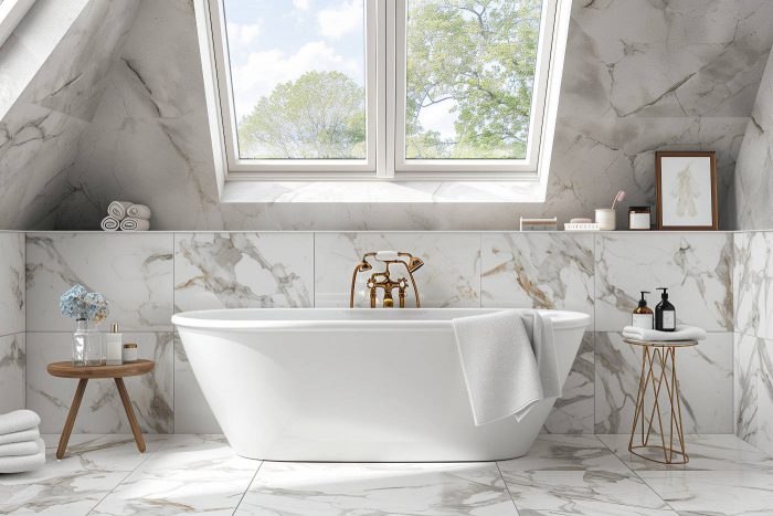 Badewanne unter Dachschräge: Platzsparende Ideen 15 Große, helle Fliesen für mehr optische Weite