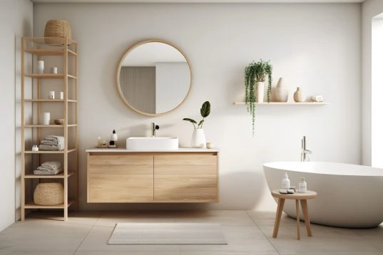 Helles Badezimmer in beige mit Hocker als Ablage