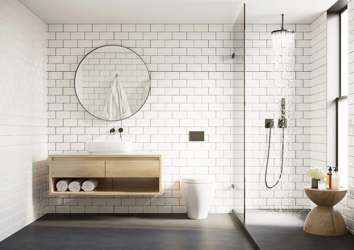 Schwarzes Badezimmer – Moderne Beispiele und Ideen 19 Helles Fliesenmuster mit dunklem Boden