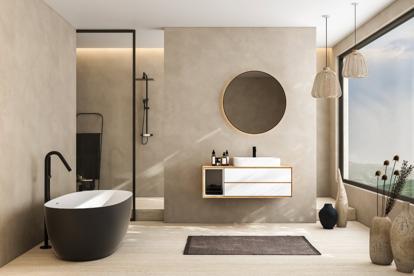 Schwarzes Badezimmer – Moderne Beispiele und Ideen 23 Helles Luxusbad mit schwarzer Badewanne