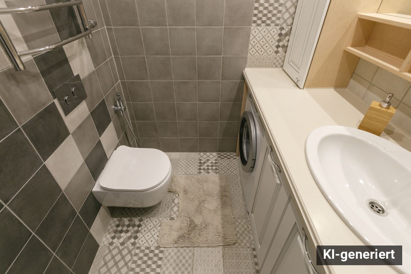 Kleines Bad mit Waschmaschine und Trockner einrichten