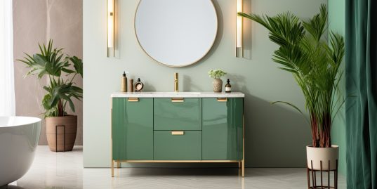 Luxusbad mit grünem Waschtisch und Goldelementen