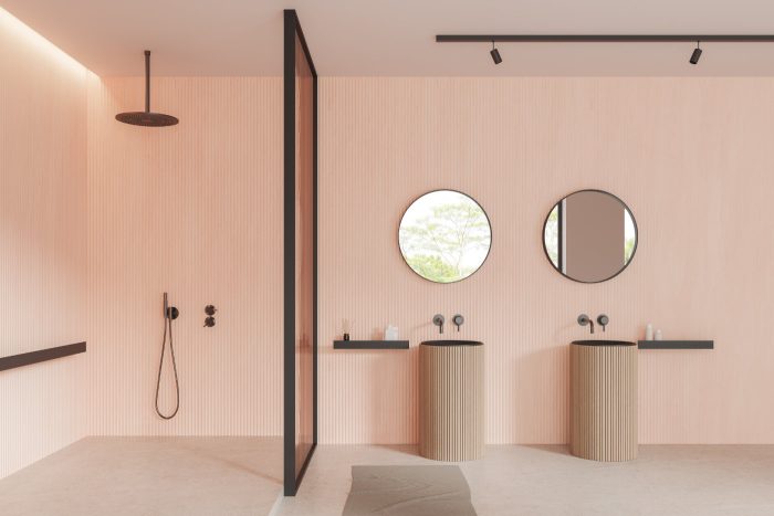 Duschwand Ideen - Die Alternative zur Duschkabine 13 Modernes Bad in Beige-Weiß mit Glasdusche und Doppelwaschbecken - 3D-Visualisierung