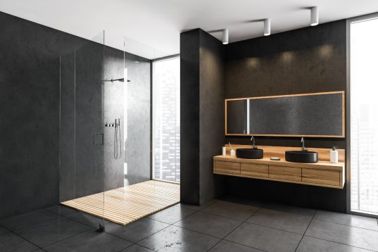 Schwarzes Badezimmer – Moderne Beispiele und Ideen 7 Schwarzes Badezimmer mit Holzverkleidung