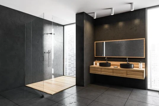 Schwarzes Badezimmer – Moderne Beispiele und Ideen 7 Schwarzes Badezimmer mit Holzverkleidung