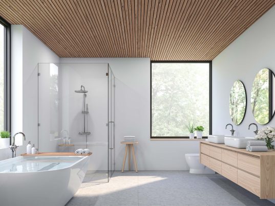 Modernes, zeitgenössisches Loft-Badezimmer, 3D-Rendering