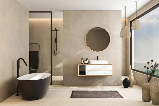 Hotel-Badezimmer: 8 Tipps für ein modernes Design und Wohlfühlambiente 14 Modern minimalist bathroom interior, modern bathroom cabinet, white sink, wooden vanity, interior plants, bathroom accessories, bathtub and shower, beige walls, granite floor, vases. 3d rendering