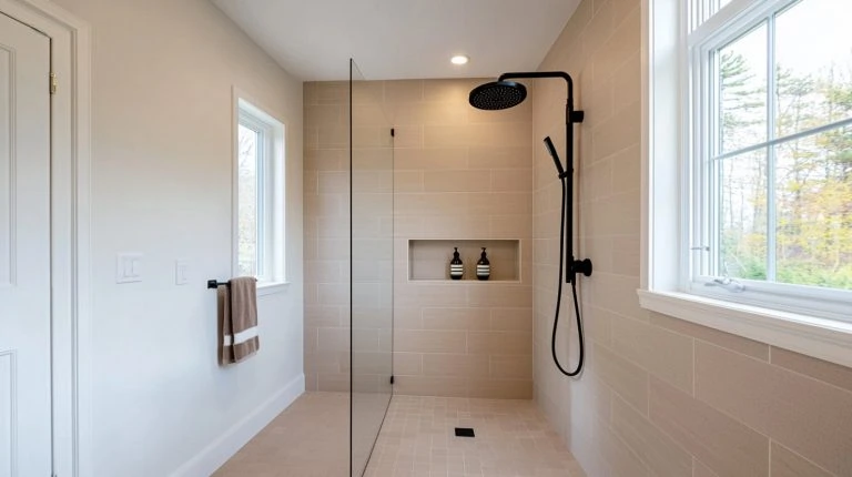 Moderne Dusche mit schwarzen Matte-Black-Armaturen – Trend 2026