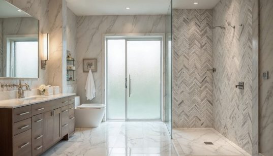 Kleines Bad optisch vergrößern – Unsere 10 Tipps 12 Moderne Zonenbeleuchtung und Tür mit Milchglas für mehr Lichteinfall