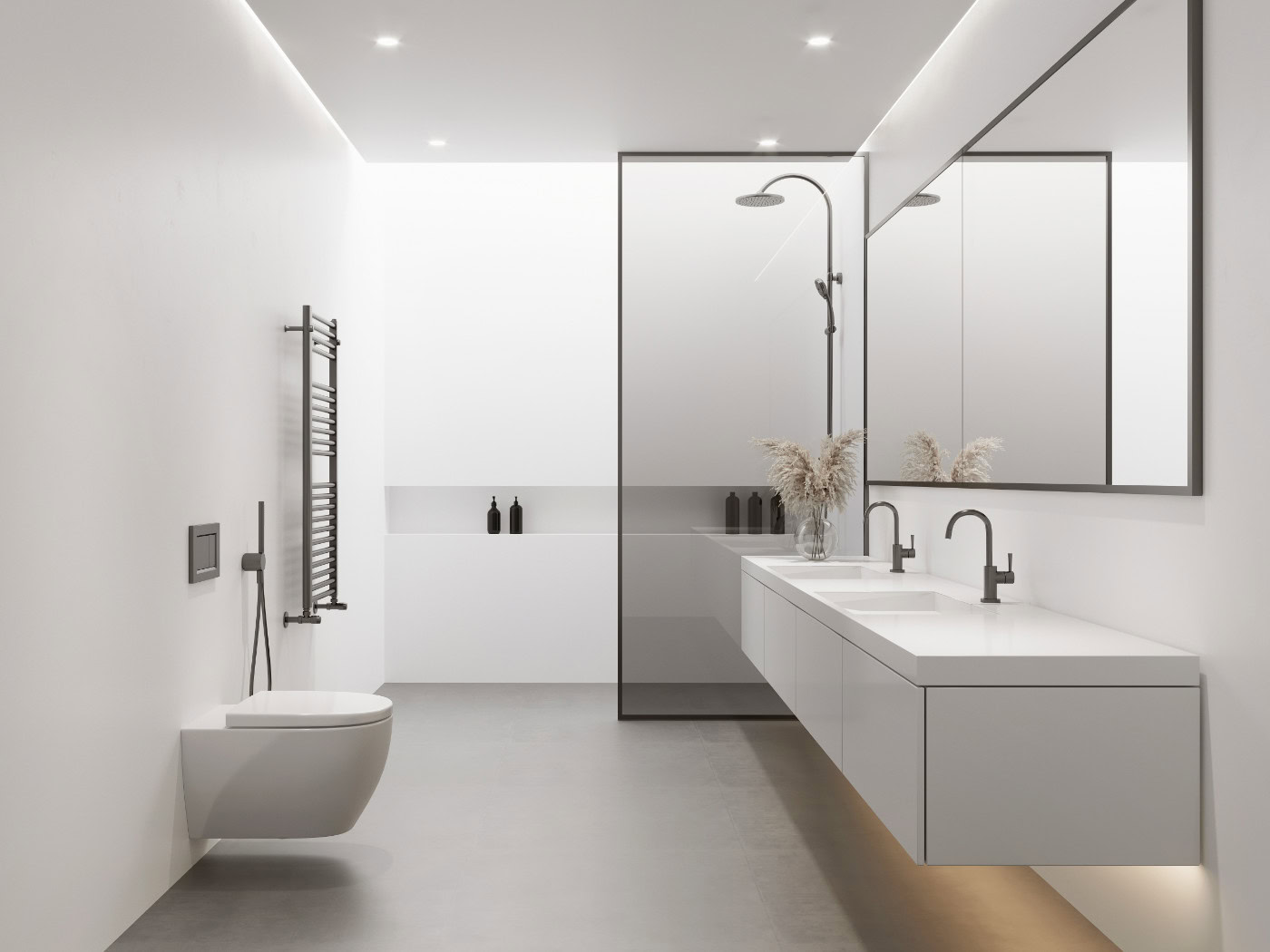 Modernes weisses Badezimmer mit Glasdusche