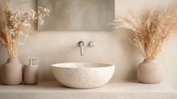 Naturstein-Waschbecken in mediterranem Badezimmer