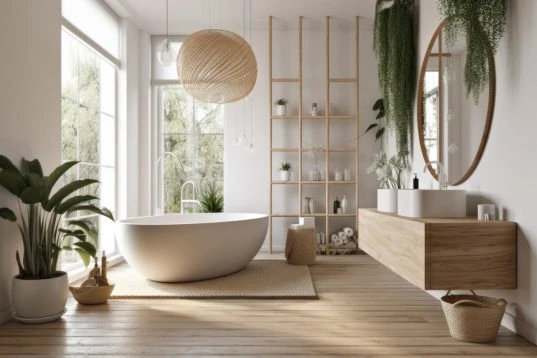 Offenes Badezimmer mit viel Holz und Pflanzen