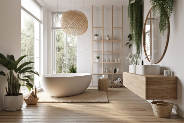 Offenes Badezimmer mit viel Holz und Pflanzen