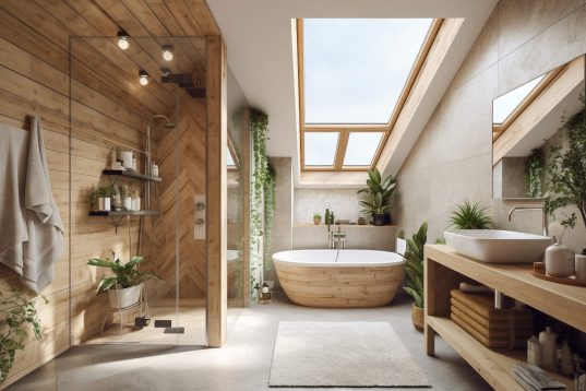Badewanne unter Dachschräge: Platzsparende Ideen 24 Pflanzen und Holz für natürliches Raumklima