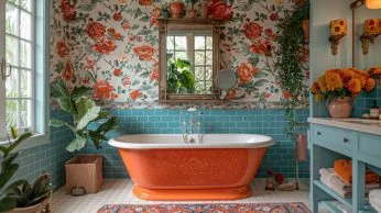 Retro Badezimmer mit Blumentapete