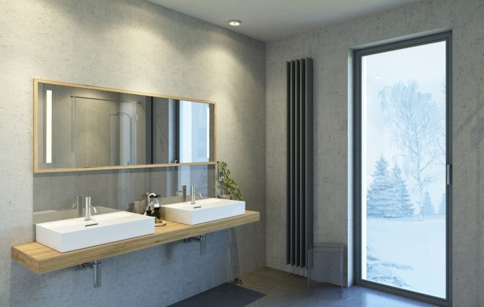 Schicke Heizung passend zum grauen Badezimmer