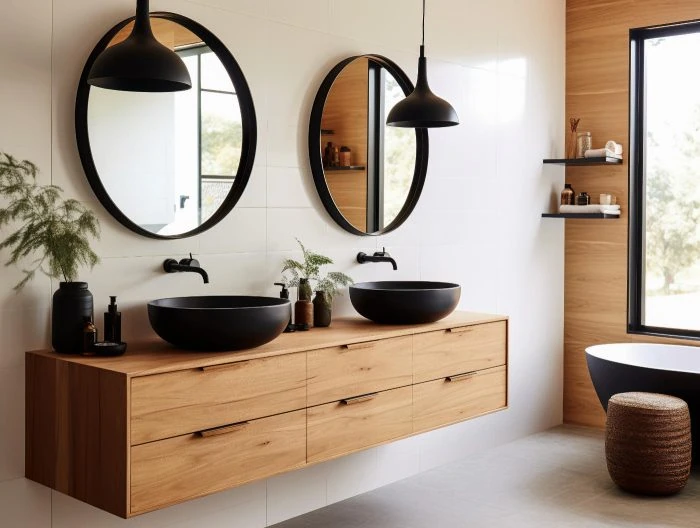 Schwarzes Badezimmer – Moderne Beispiele und Ideen 15 Schwarze Badelemente mit Waschunterschrank aus Holz