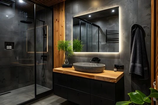 Schwarzes Badezimmer mit Holzelementen
