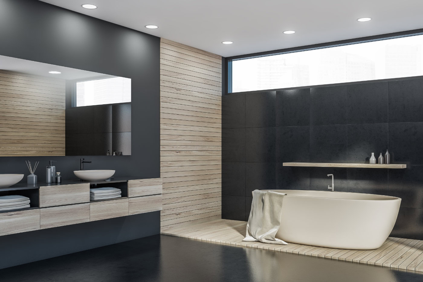 Schwarzes Badezimmer – Moderne Beispiele und Ideen 9 Schwarzes Badezimmer mit hellen Holzelementen