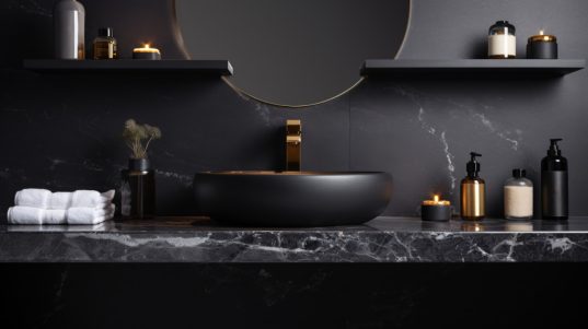 Schwarzes Badezimmer mit schwarz-goldenen Details