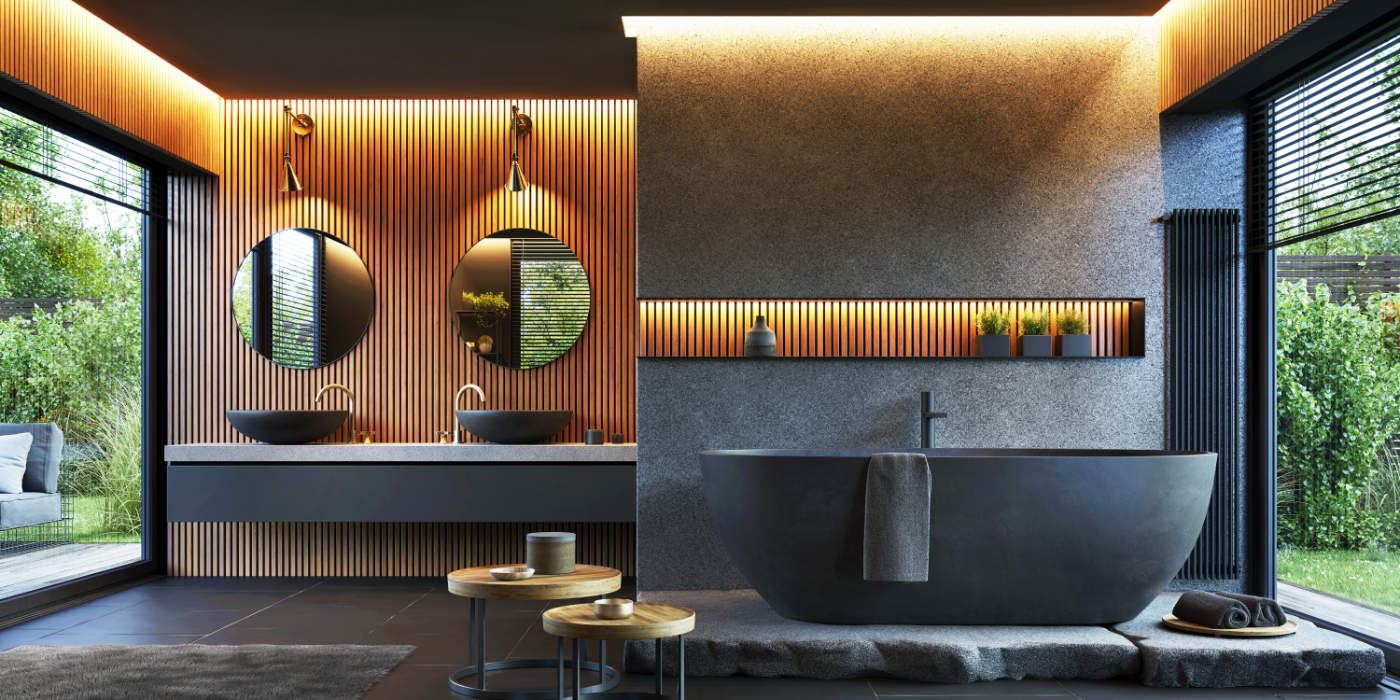 Schwarzes Badezimmer – Moderne Beispiele und Ideen 8 Schwarzes Badezimmer mit warmer Beleuchtung