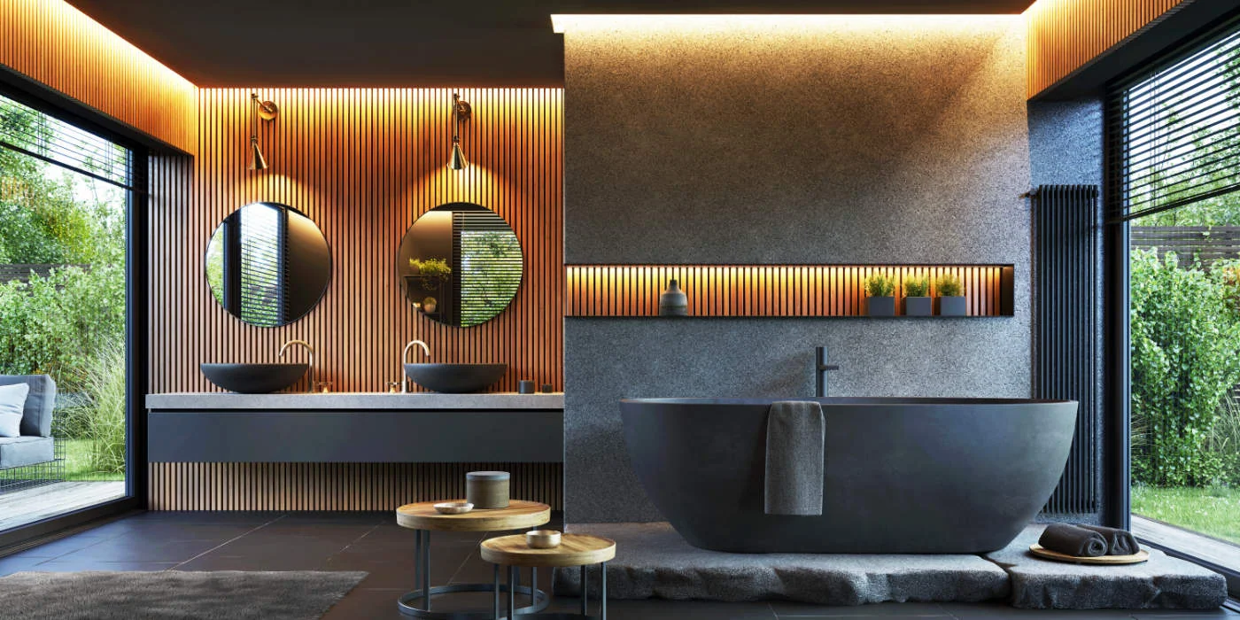 Schwarzes Badezimmer – Moderne Beispiele und Ideen 8 Schwarzes Badezimmer mit warmer Beleuchtung