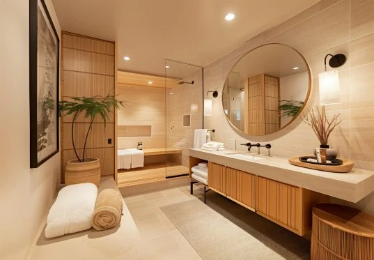 Spa-inspiriertes Badezimmer mit Holzelementen