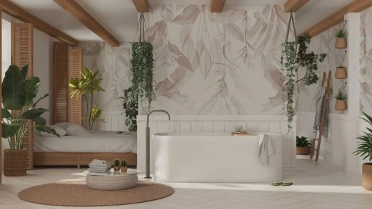 Tapete im Badezimmer hinter der Badewanne Tapete im Badezimmer hinter der Badewanne