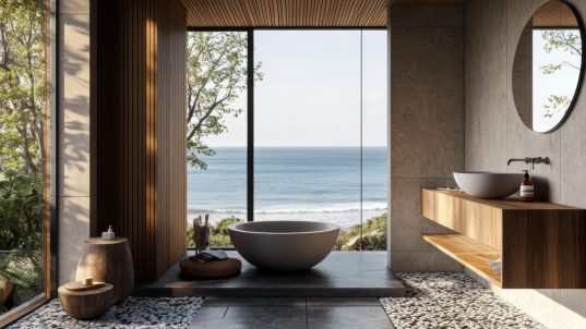 A modern, minimalist bathroom with a Japanese twist, featuring a wall-mounted sink, a geometric-patterned tile floor, and a large window showcasing a stunning ocean view Illustration --ar 3:2 --v 6.1 Job ID: 8eec15f5-02eb-4c1f-991b-705202f90234