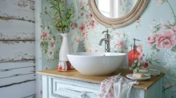 Vintage-Badezimmer mit Blumentapete
