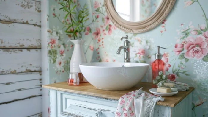 Retro-Badezimmer: 5 Elemente und Ideen für den perfekten Vintage-Stil 24 Vintage Badezimmer mit Blumentapete